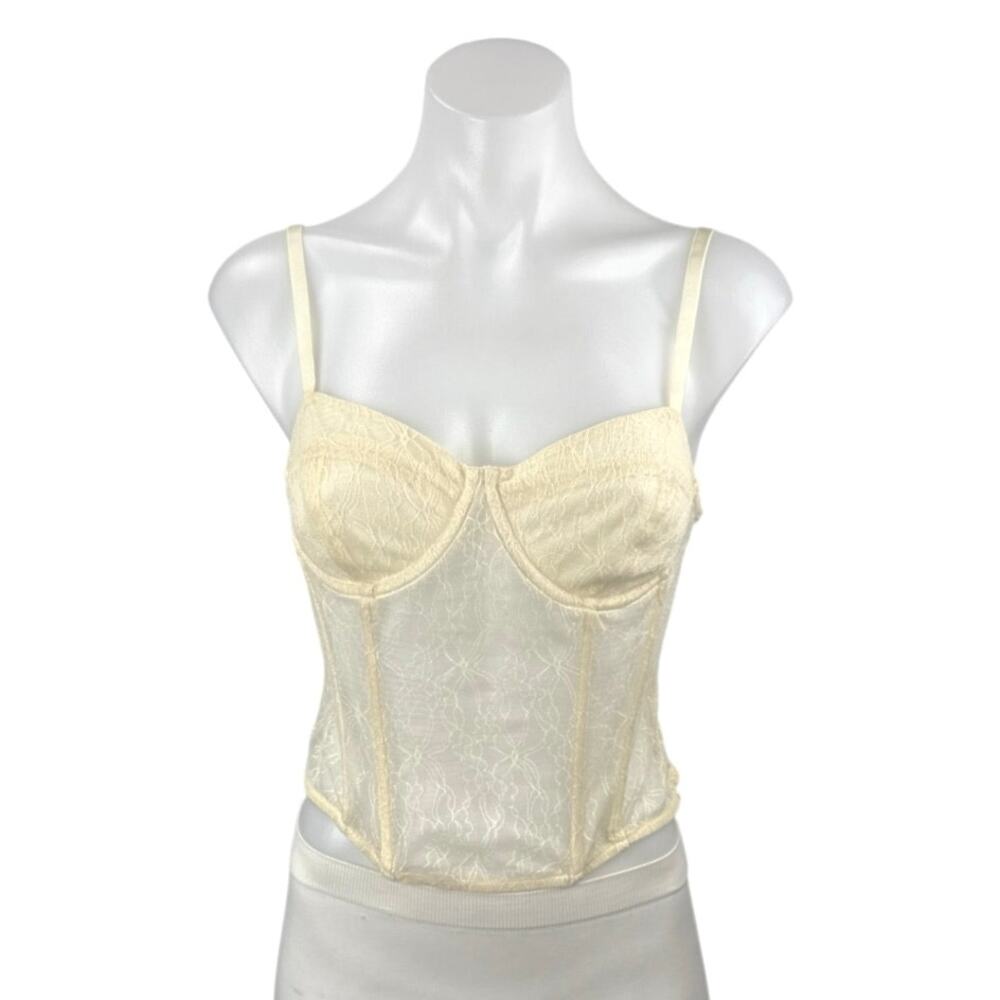 Open Edit Cream Lace Semi Sheer Sleeveless Bustier Corset Cami Tank Top Size S